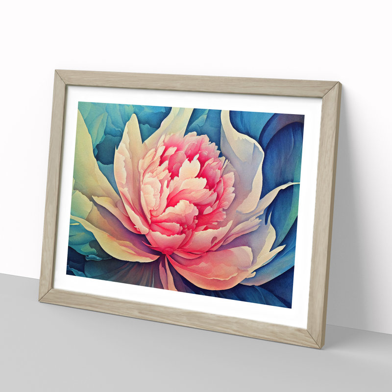 Watercolour Peony Flower - Single Picture Frame Print, 25cm H x 34cm W x 2cm D, Oak Framed