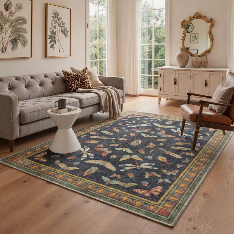 Adonis Vintageon Vintage Machine Washable Black / Green Indoor Area Rug with Non-Slip Backing, Rectangle 8' x 10'