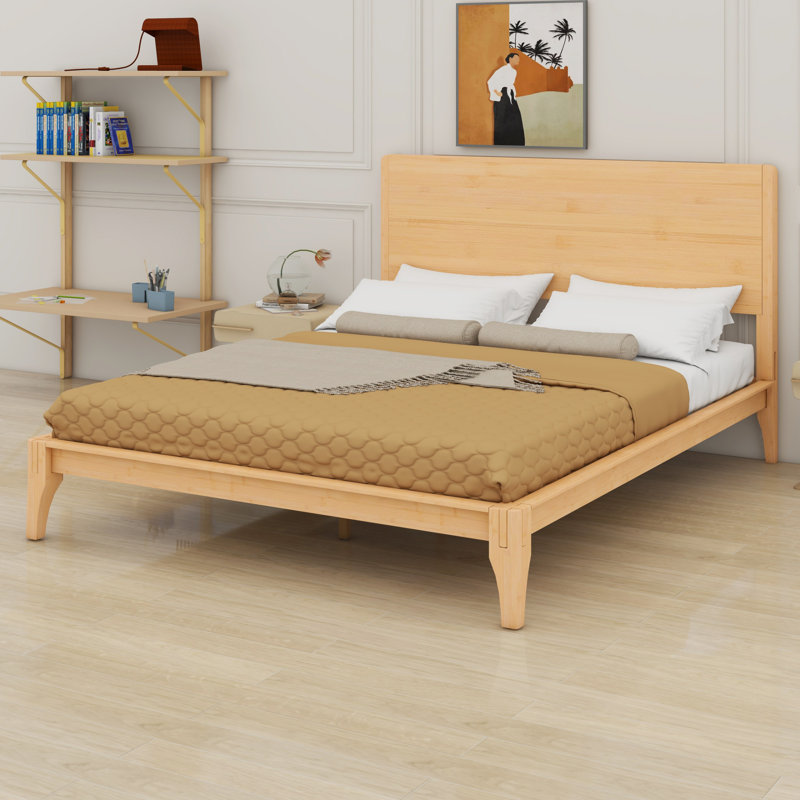 Lit plateforme moderne en bois avec support à lattes, Naturel, Lit double