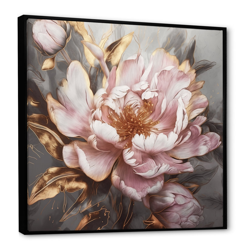 «Pink Gold Pe pivoens Petals» - reproduction d'art sur toile encadrée, H 36 po x l 36 po, Reproduction avec cadre flottant