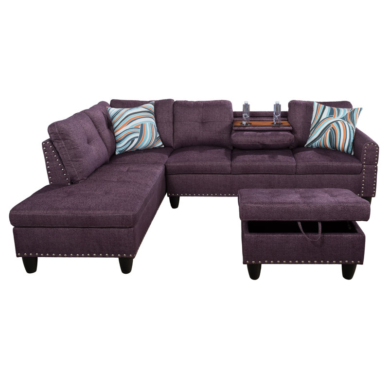 Ensemble de canapé modulaire 3 pièces faisant face à gauche avec repose-pieds mauve, Mauve, Orienté à gauche (vu de face)
