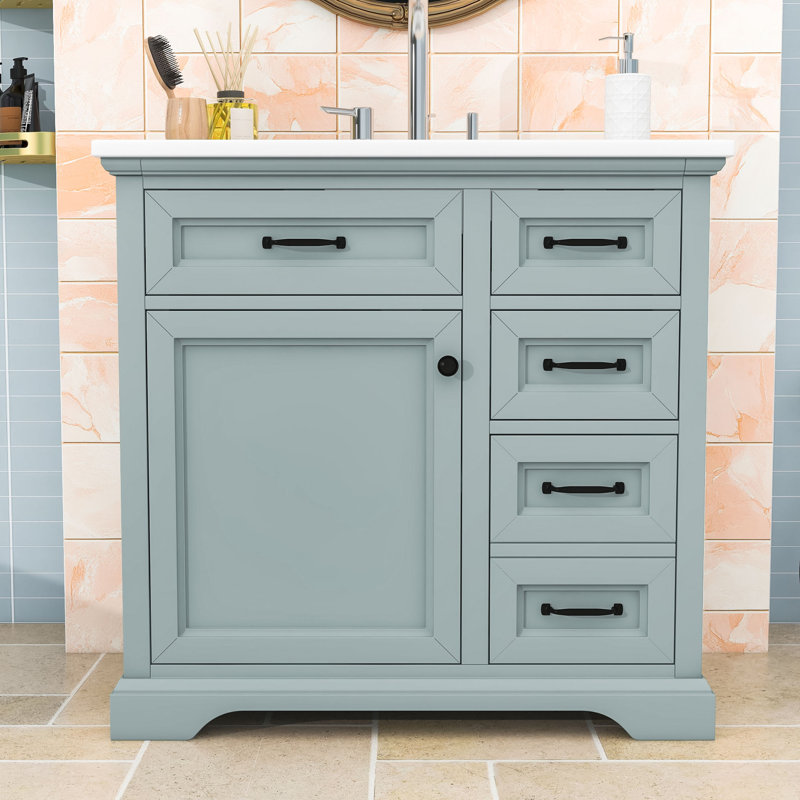 Meuble-lavabo en bois avec lavabo en céramique, quatre tiroirs et porte à fermeture en douceur, Gris