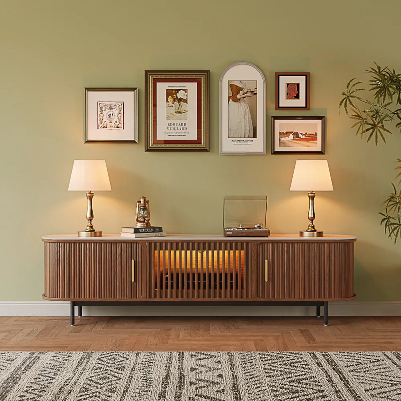 Mid-Century Modern Tambour Door TV Stand With LED Lights, Fully Assembled, Brown, 21.25"H x 79"L x 15.75"W
