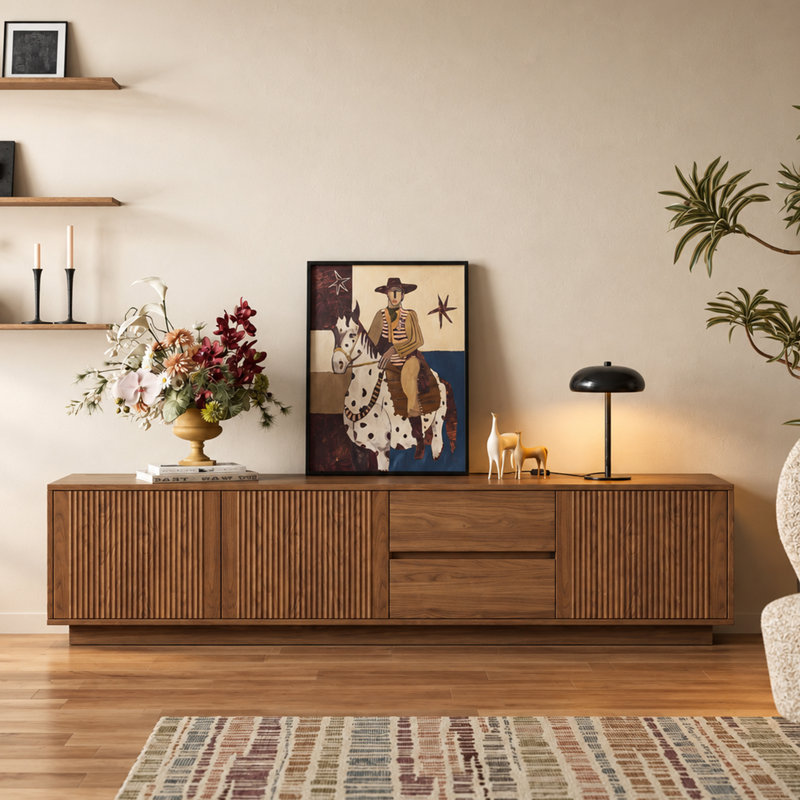 Meuble télé 78,7 po Mid-Century en noyer avec portes et tiroirs cannelés, console multimédia à profil bas