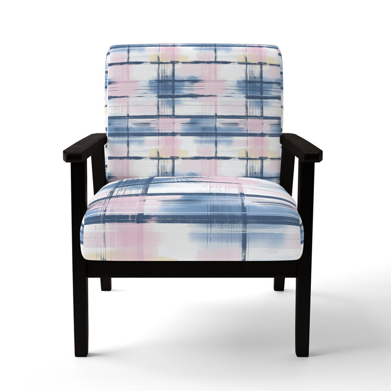 Chaise d'appoint moderne - fauteuil à carreaux rose clair Horizon, Accoudoirs carrés noirs