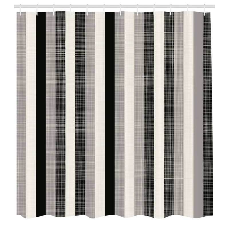 Black and Gray Striped Fabric Shower Curtain with Hooks