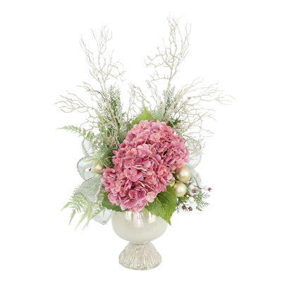 Holiday Centerpiece with Hydrangeas, Ornaments and Berries