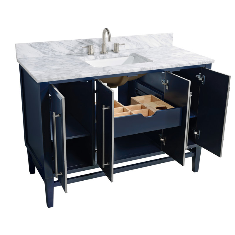 Mason 48" Single Bathroom Vanity with Carrara Marble Top, Carrara White, Brushed Silver, Navy Blue