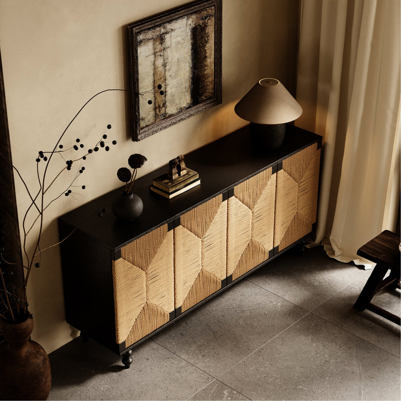 Handwoven Seagrass Sideboard, Solid Pine Wood Legs, Classic Black , Four Shelves Storage, Ideal For Plates Style Natural Door Five Organized Dining Decor