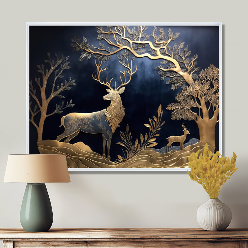 Cerf doré dans la forêt II - art mural forêt, H 34 po x l 44 po x P 1,5 po, Cadre flottant blanc