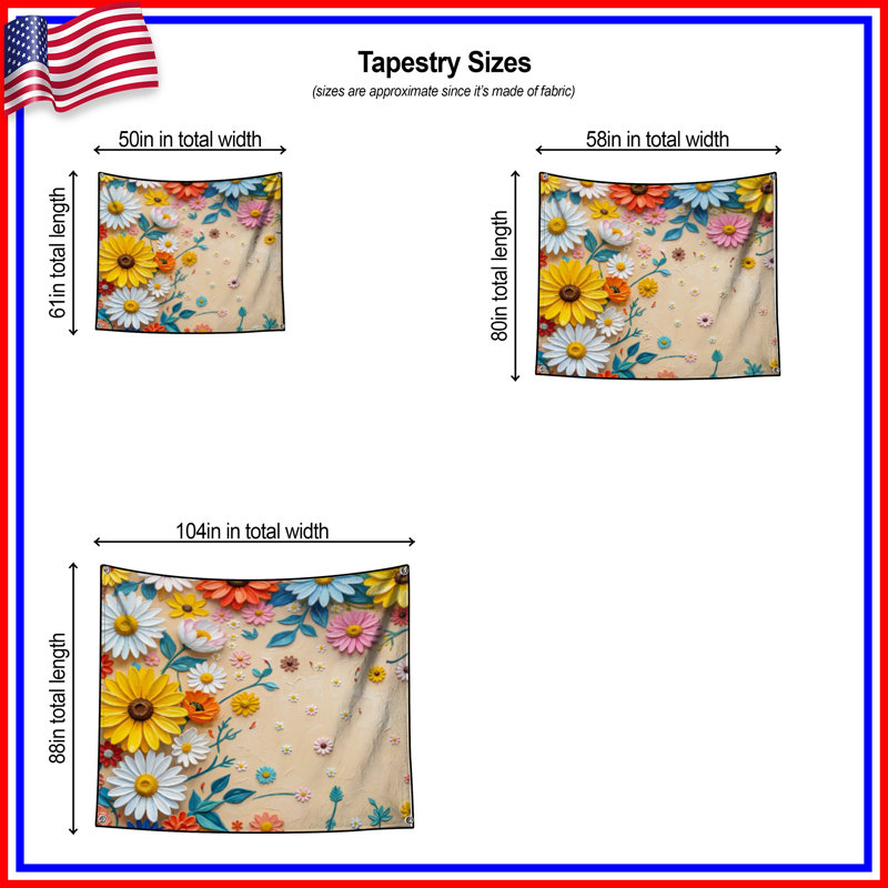 Tapisserie murale arrangement floral coloré - décoration murale fleurs, 104in H x88 with 4 Grommets