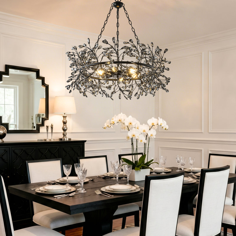 31" Modern Black Organic Branch Crystal Chandelier, 6-Light Dimmable Sculptural Luxury Lighting