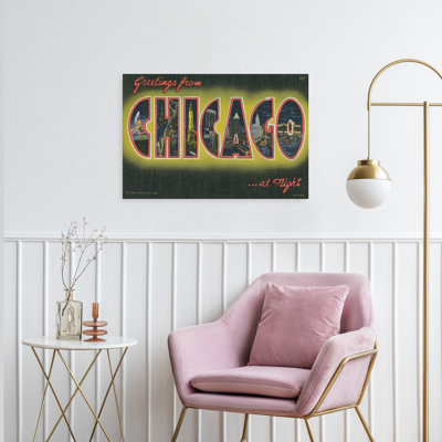 «Greetings From Chicago At Night Vintage Abstract City Architecture», reproduction d'art mural