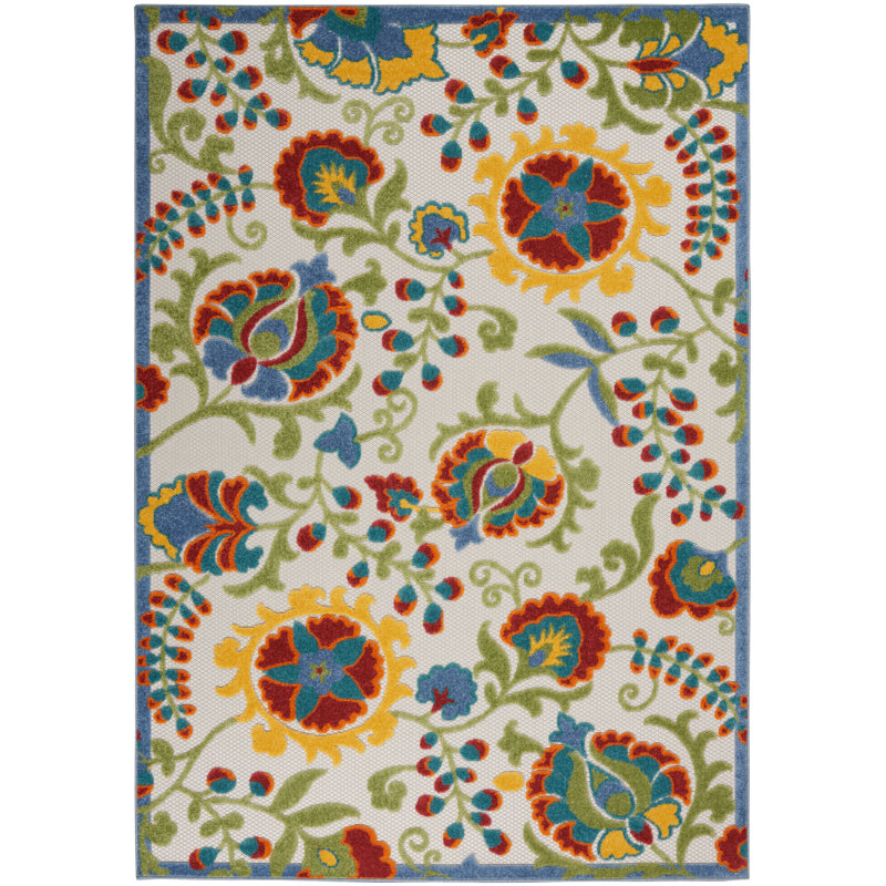 Tapis d'intérieur / extérieur crème / gris / rouge Richana, Rectangle 7 pi x 10 pi