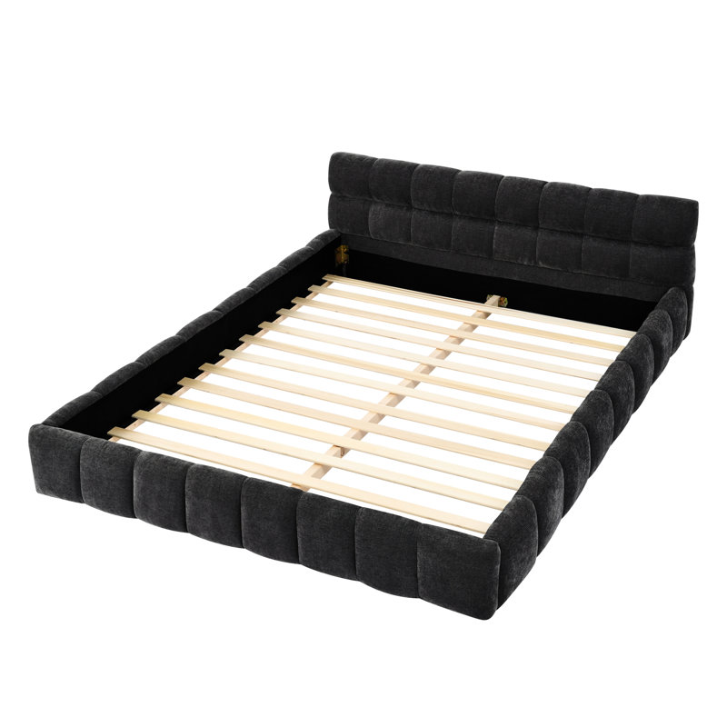 Structure de lit grand gris foncé avec chenille, solide et solide, aucun sommier requis pour la taille de la chambre à coucher Gris, stable, décoration