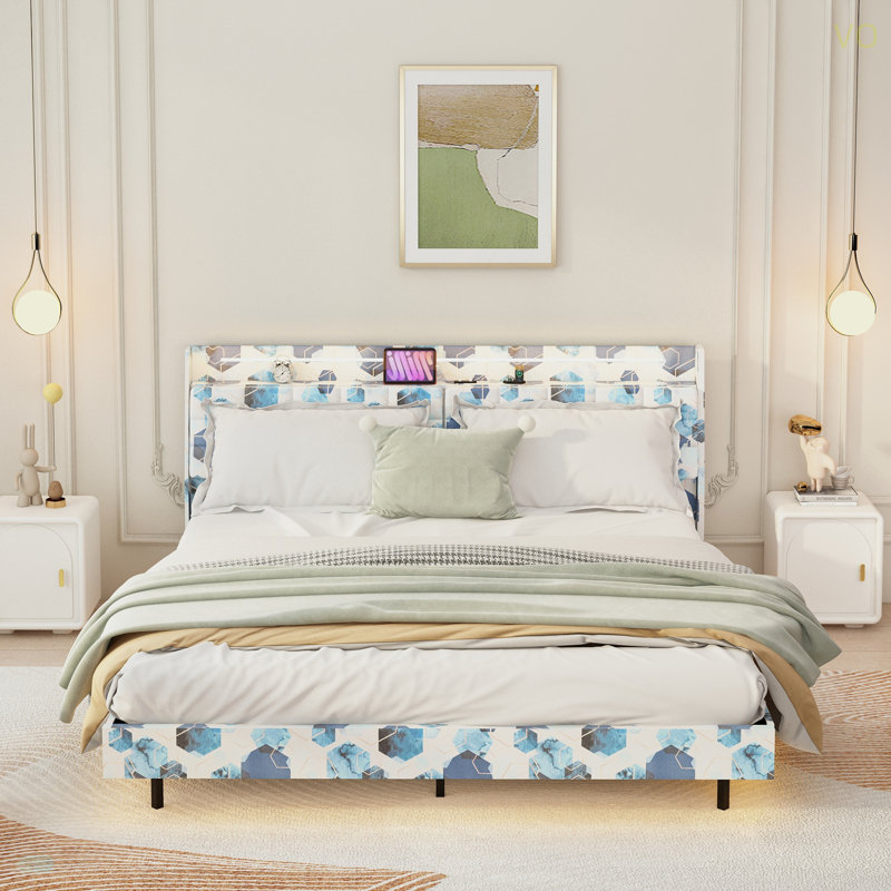Natricia Upholstered Metal Platform Storage Bed, Queen, White/Blue Geometric