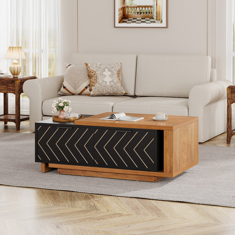 Table basse extensible avec 2 tiroirs de rangement, table centrale bicolore avec plateau coulissant, Brun clair/noir