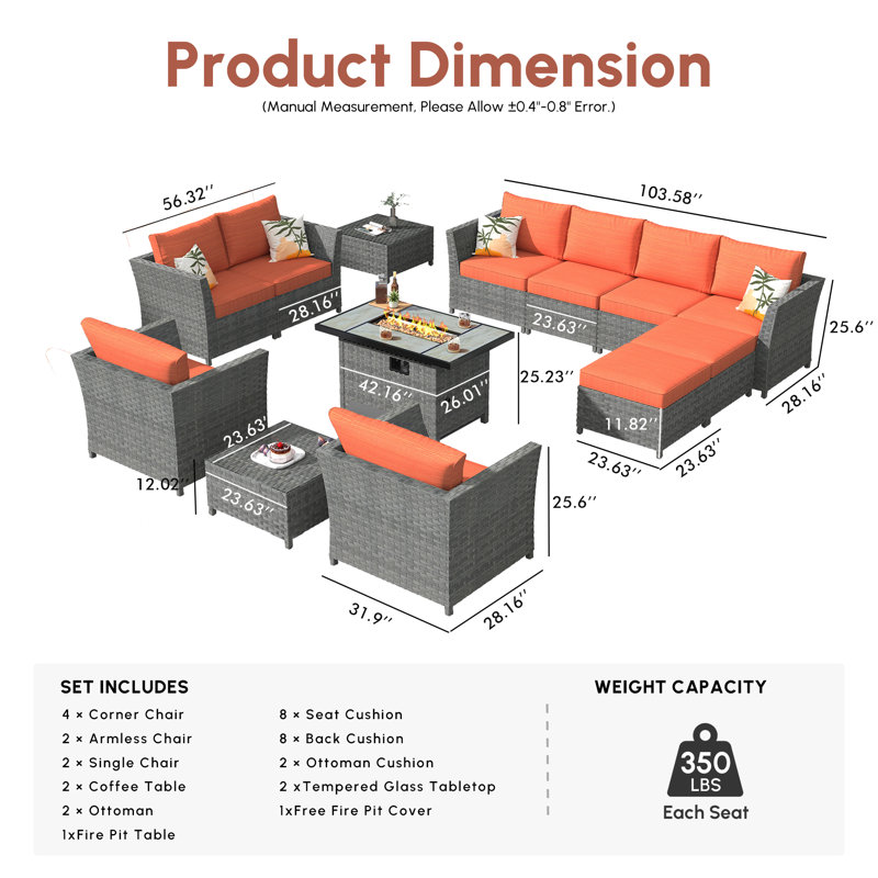 Koyno 10 - Person Patio Conversation Set with Cushions, Orange, Yes