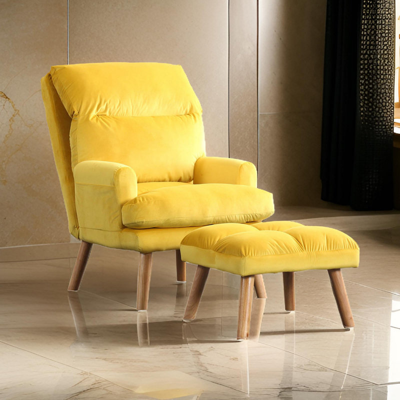 Fabric Accent Chair With Ottoman Set, Wood Legs And Adjustable Backrest, Beige Velvet, Oak