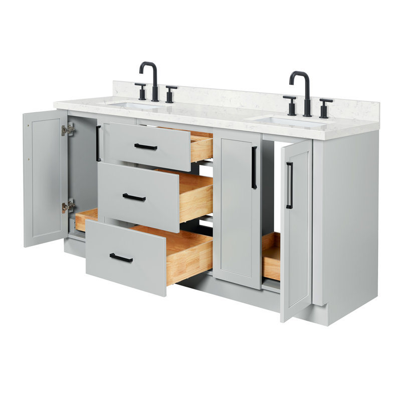 Meuble-lavabo double rectangulaire de 183 cm (72 po) avec comptoir en quartz blanc de Carrare de 3,8 cm (1,5 po) d'épaisseur, finition grise.