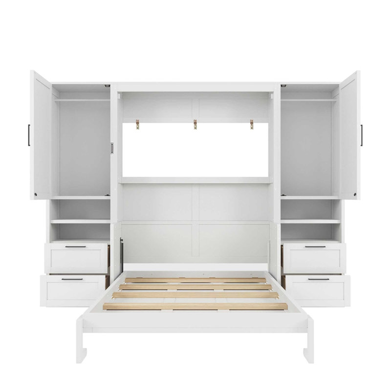 Lit escamotable double pleine grandeur avec placard, tiroirs et tablettes, blanc, Full / Double, Blanc