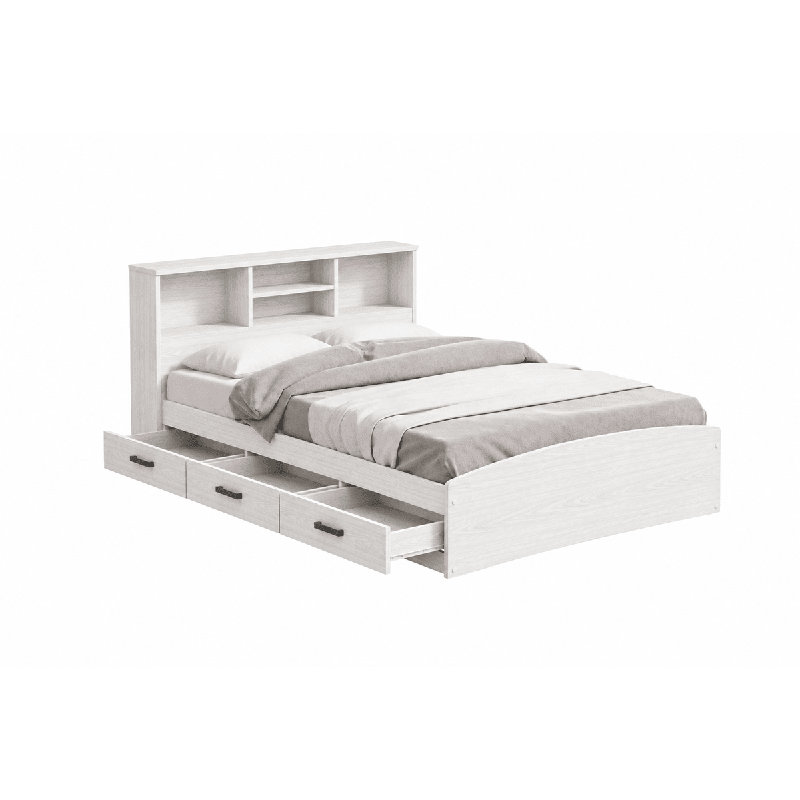 Base de lit avec rangement et tête de lit Monira, Lit double, Blanc