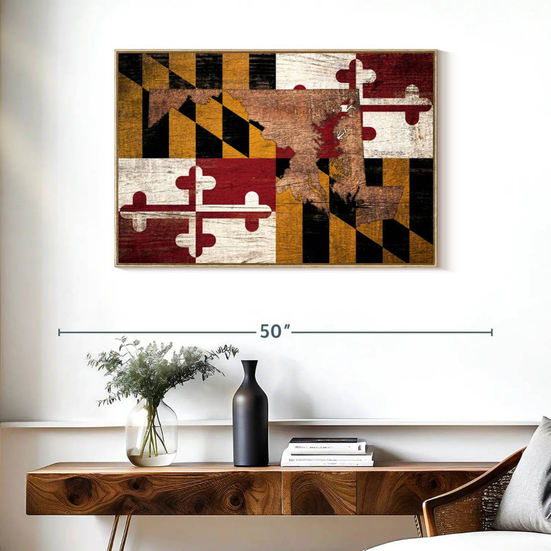 Carte d'État sur le drapeau du Maryland, Cadre flottant en bois naturel, 37 po x 25 po