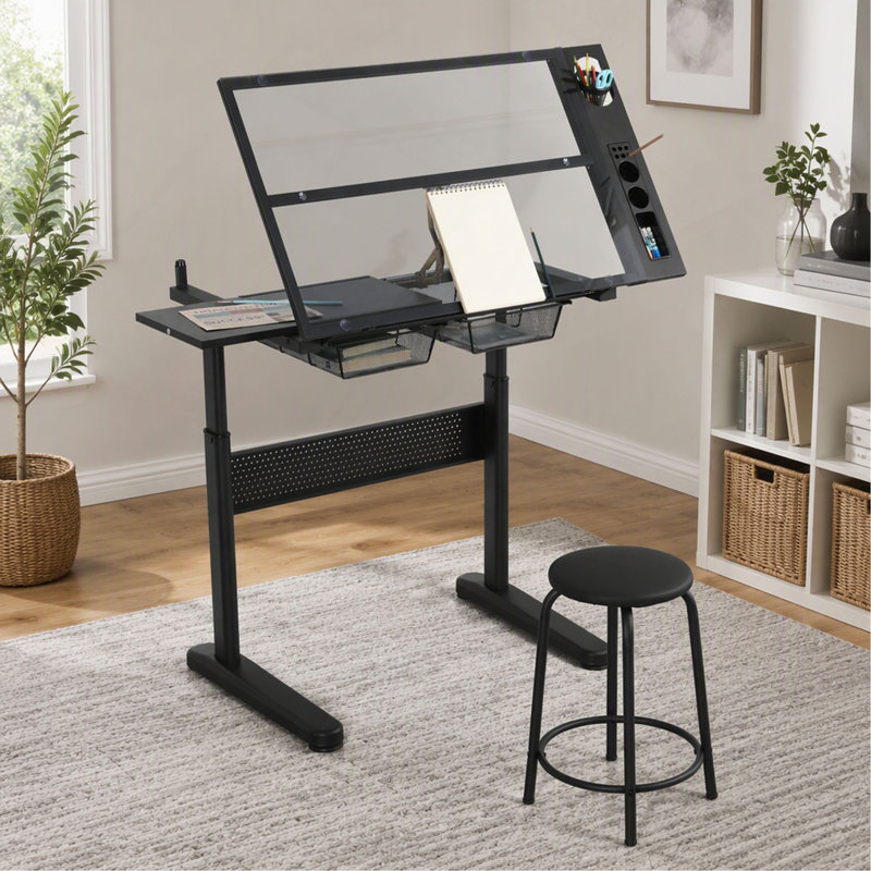 Hand Crank Adjustable Drafting Table, Black, with 2 Metal Drawers & Stool
