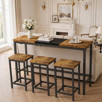 Long Dining Table Set with Space-Saving Hanging Stool Design
