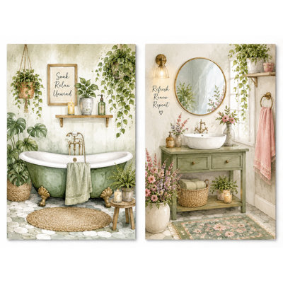 Grand ensemble de 2 art mural sur toile de salle de bain botanique, décor de baignoire spa vert sauge avec citations relaxantes pour salle de bain de campagne, impression sur toile 16 x 24 pouces