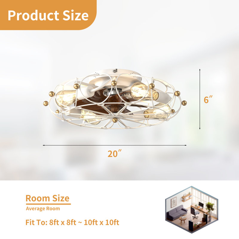 Ventilateur de plafond 19,7 po à profil bas avec éclairage DEL, télécommande et moteur réversible, Blanc