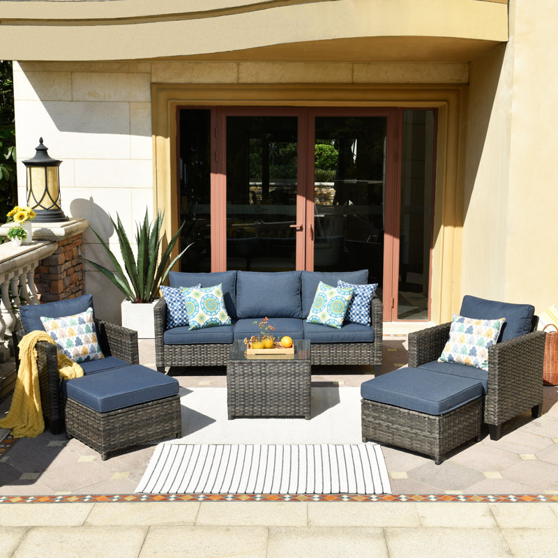 Kaniha Premium All-Weather Wicker 5 - Person Patio Conversation Set with Cushions, Denim Blue