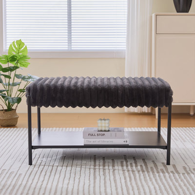 Repose-pieds de 30,7 po de large avec repose-pieds rembourré avec pieds en métal noir, repose-pieds avec tablette de rangement ouverte en bois, tabouret de pieds en fausse fourrure pour le salon de la chambre à coucher, vestibule, hôtel, gris anthracite