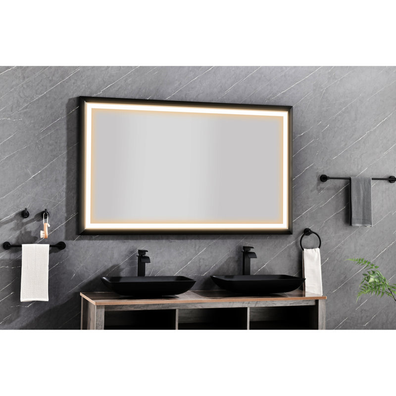 Miroir de salle de bain 60 po x 36 po à DEL, cadre en aluminium avec brouillard, 3 options de couleur, contrôle en continu, miroir noir mat 60 x 36 à utiliser, cadre, choix, intensité variable, finition