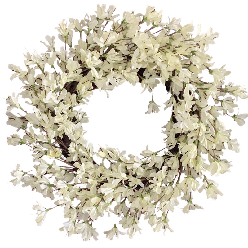 24" Handcrafted Faux Forsythia Silk Wreath for Front Door, White