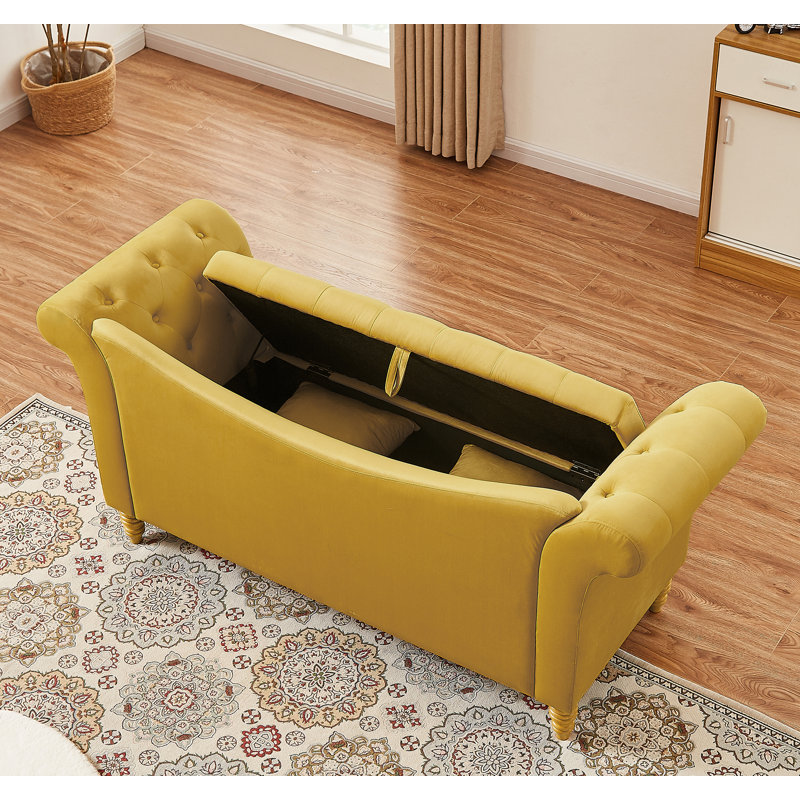 Repose-pieds de rangement rectangulaire en velours Jalinqua, 100 % polyester jaune moutarde