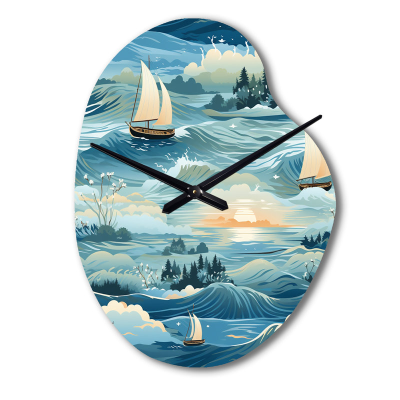 Coastal Tranquility Seaside Landscape - Horloge côtière asymétrique en métal, horloge en métal de forme unique bleue, Petit