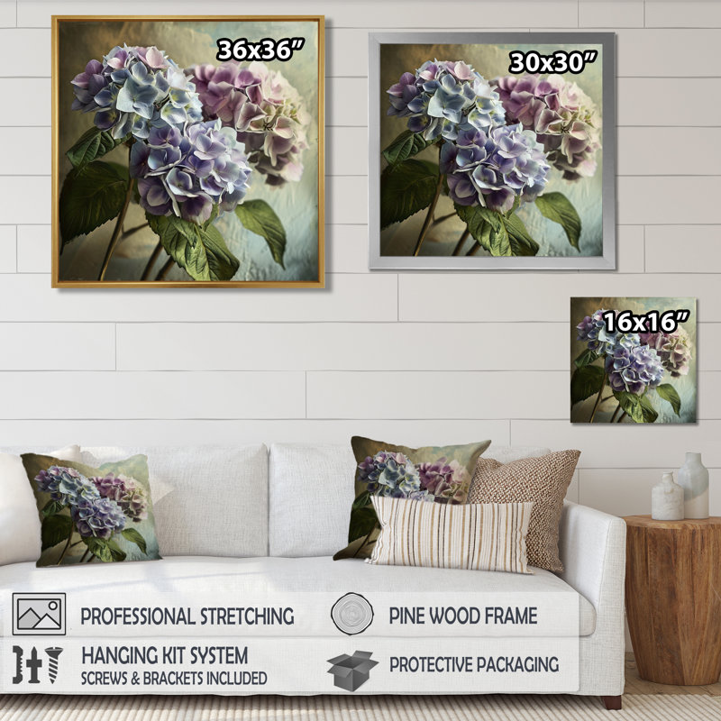 Fleurs rétro d'hortensia mauve - salon d'art mural hortensia, Cadre flottant noir, bois massif, H 36 po x l 36 po
