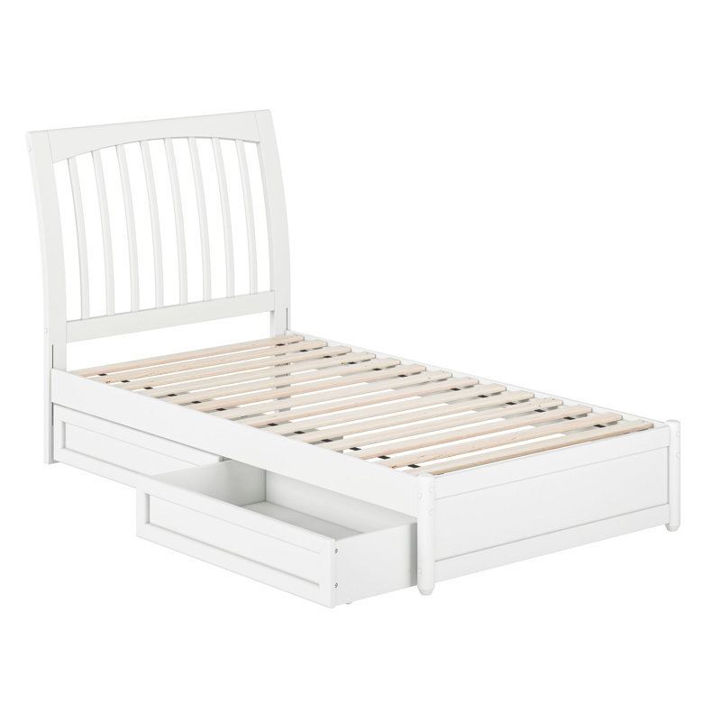 Lit plateforme Imarion avec pied de lit à panneau et tiroirs de rangement, Simple, Blanc
