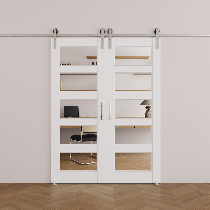 Porte de grange coulissante en verre transparent blanc apprêté 5-Lite avec trousse de quincaillerie d'installation / aucun assemblage requis