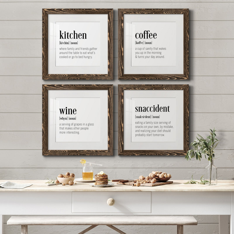 Kitchen Kitchen - ensemble de 4 pièces d'art textuel sur toile, Toile encadrée noyer, H 27,5 po x l 110 po x P 1,5 po