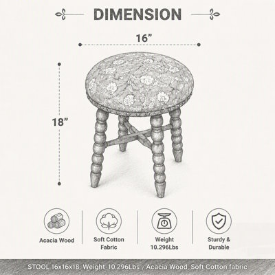 Tabouret de bar rembourré à fuseaux avec structure en bois d'acacia massif, tissu en coton résistant et rembourrage en mousse confortable pour les espaces modernes et traditionnels