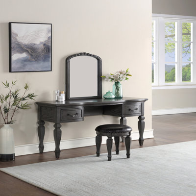 Bedroom Classic Vanity Set Wooden Carved Mirror Stool Drawers Antique Grey Finish