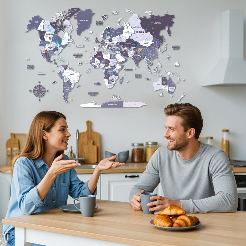 3D Wooden World Map – Multicolor UV Printed Wall Art, Modern Home & Office Decor, 59.1" H x 94.5" W x 0.4" D, Nimbus