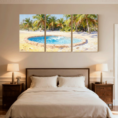 Plage, oasis tropicale avec palmiers et eau bleue, ensemble de 3 impressions sur toile