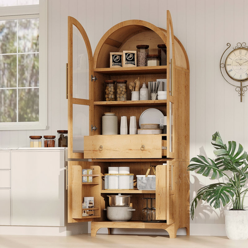 71" Tall Arched Kitchen Pantry Cabinet With Door Shelves, Farmhouse Kitchen Storage Cabinet With Open & Adjustable Shelves, Hidden Drawer & Glass Door, Cupboard For Kitchen, Dining Room