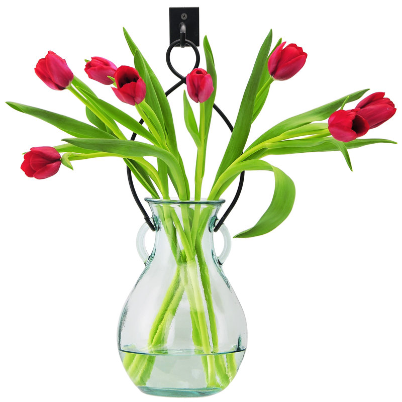 18" Country Hanging Glass Vase with Metal Hanger and Hook, 73 oz Capacity