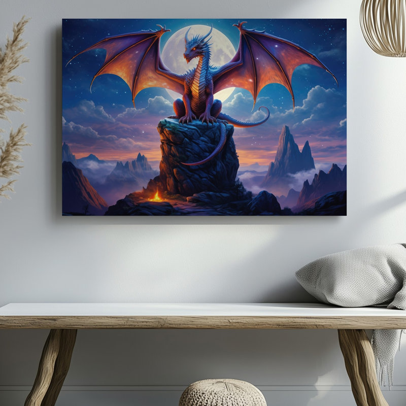 Toile, un majestueux dragon perché sur une formation rocheuse robuste, H 9 po x l 12 po