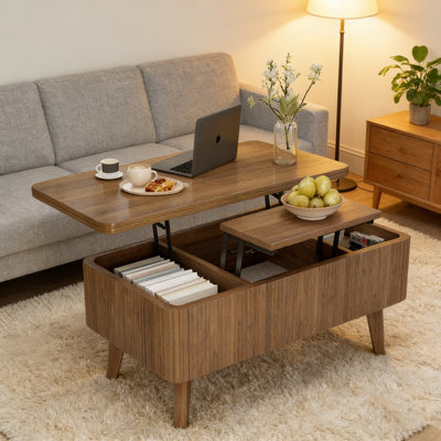 3 In 1 Lift Top Coffee Table, Modern Fluted Convertible Coffee Tables Converts To Dining Tables