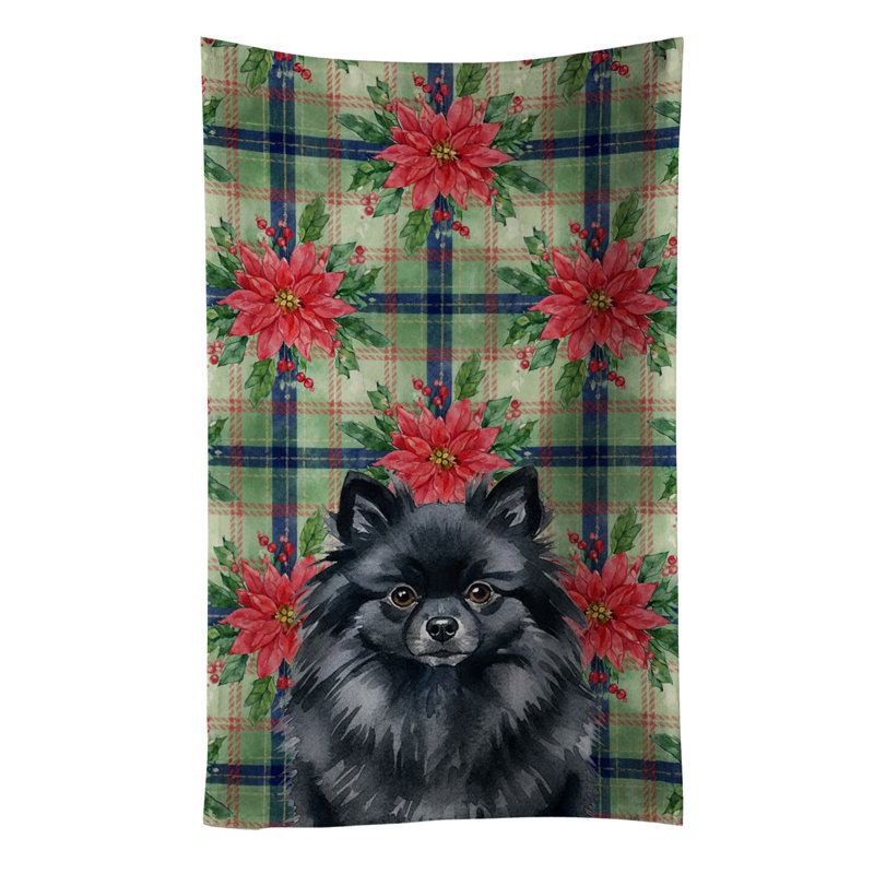 Black Pomeranian Christmas PoinsettIas Kitchen Towel, Black Pomeranian